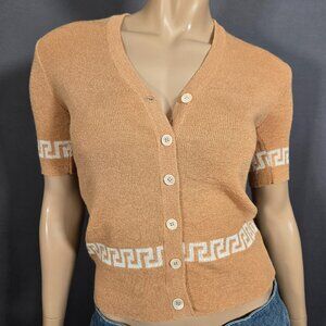 Vintage 70s Beige Greek Key Pattern Cardigan Size M Fitted Short Sleeve V Neck
